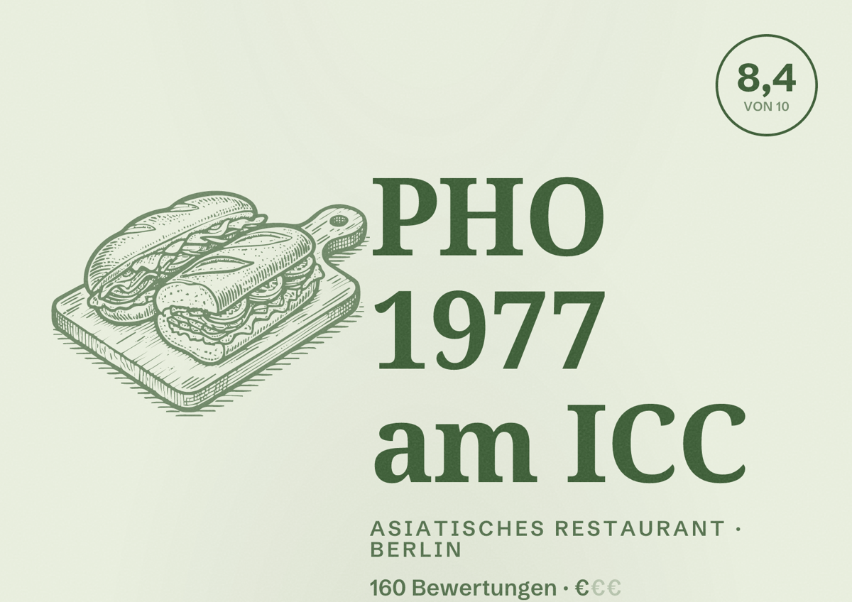 Illustriertes Poster von PHO 1977 am ICC, Asiatisches Restaurant in Berlin: Bewertung 8,4 von 10 aus 160 Bewertungen, Preisniveau €