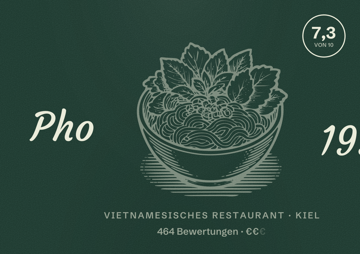 Illustriertes Poster von Pho 1990, Vietnamesisches Restaurant in Kiel: Bewertung 7,3 von 10 aus 464 Bewertungen, Preisniveau €€