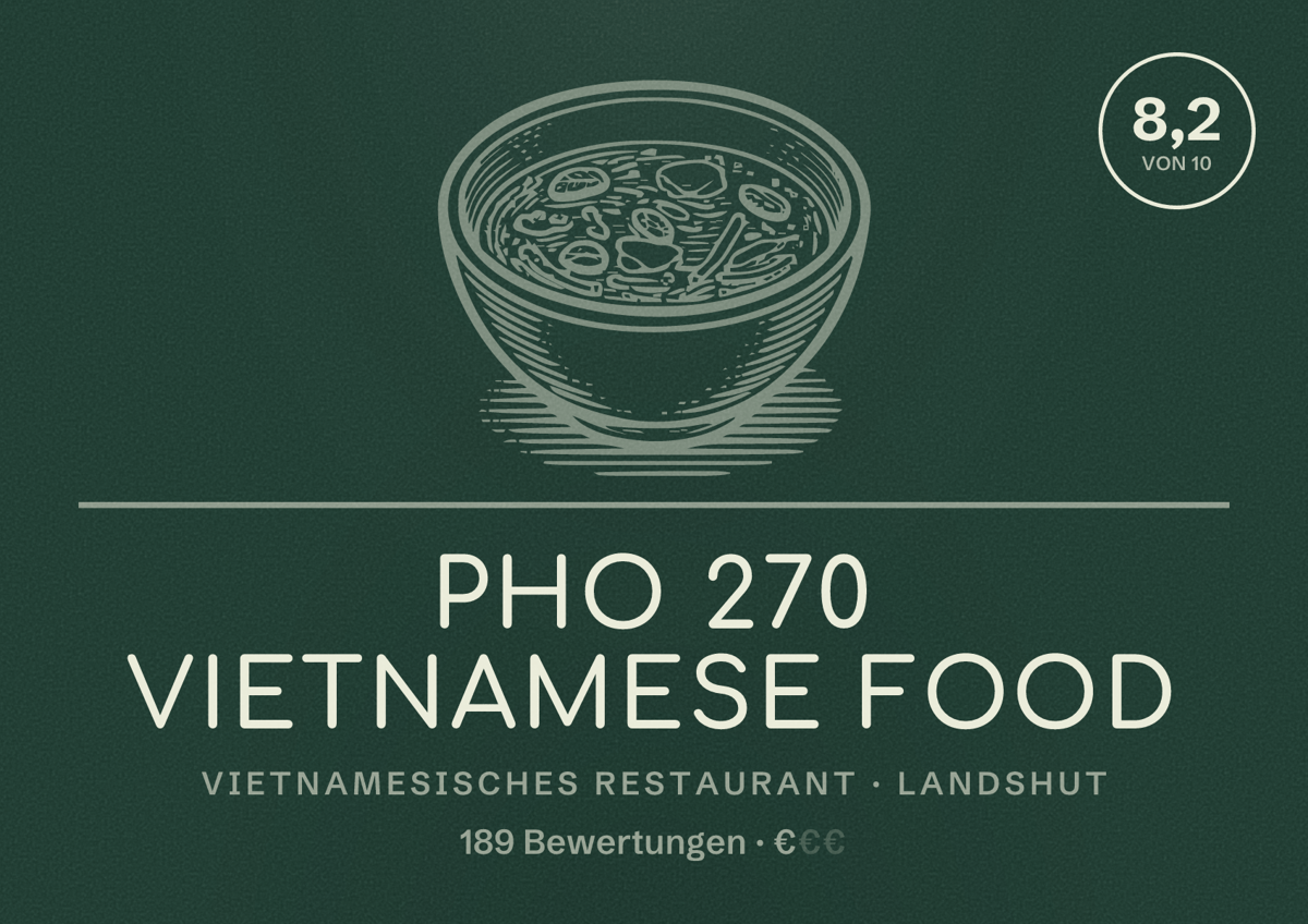 Illustriertes Poster von Pho 270 Vietnamese Food, Vietnamesisches Restaurant in Landshut: Bewertung 8,2 von 10 aus 189 Bewertungen, Preisniveau €