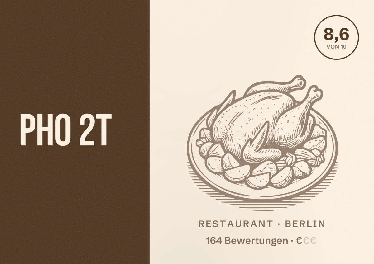 Illustriertes Poster von Pho 2T, Restaurant in Berlin: Bewertung 8,6 von 10 aus 164 Bewertungen, Preisniveau €