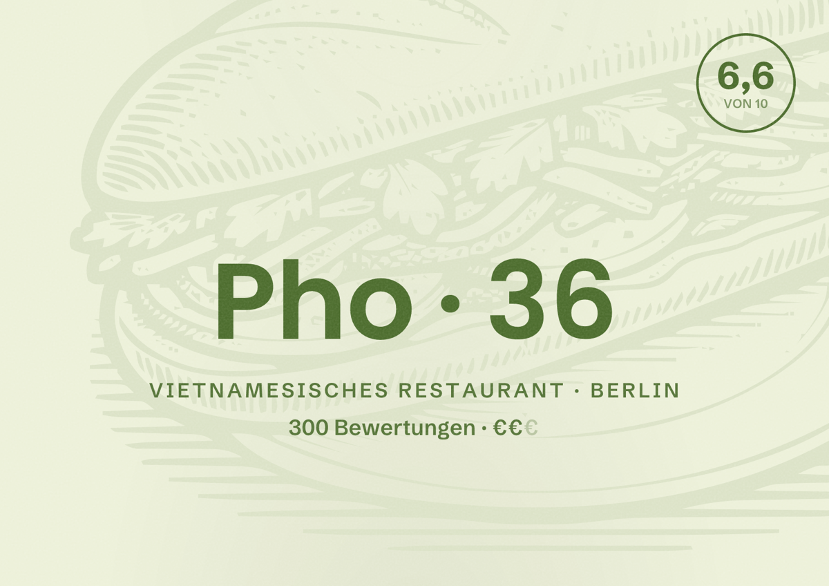 Illustriertes Poster von Pho 36, Vietnamesisches Restaurant in Berlin: Bewertung 6,6 von 10 aus 300 Bewertungen, Preisniveau €€