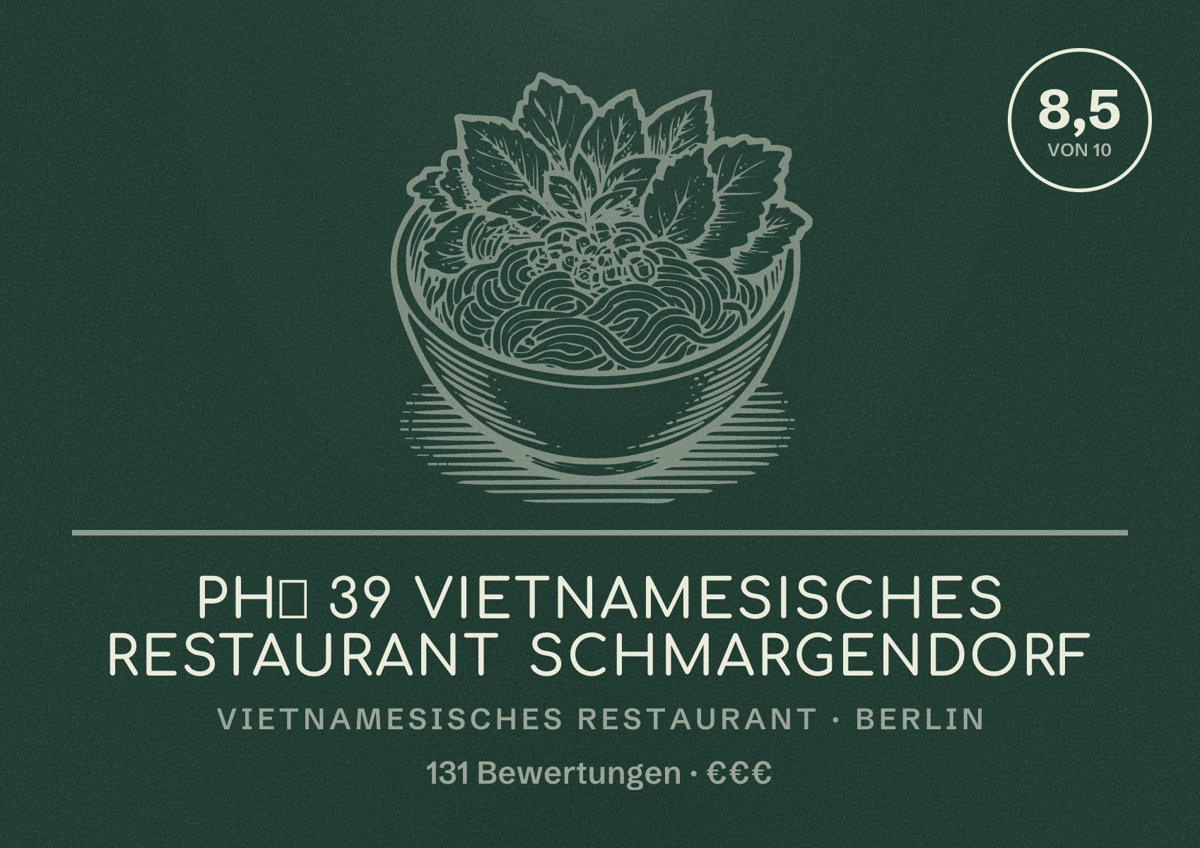 Illustriertes Poster von Phở 39 Vietnamesisches Restaurant Schmargendorf, Vietnamesisches Restaurant in Berlin: Bewertung 8,5 von 10 aus 131 Bewertungen, Preisniveau €€€