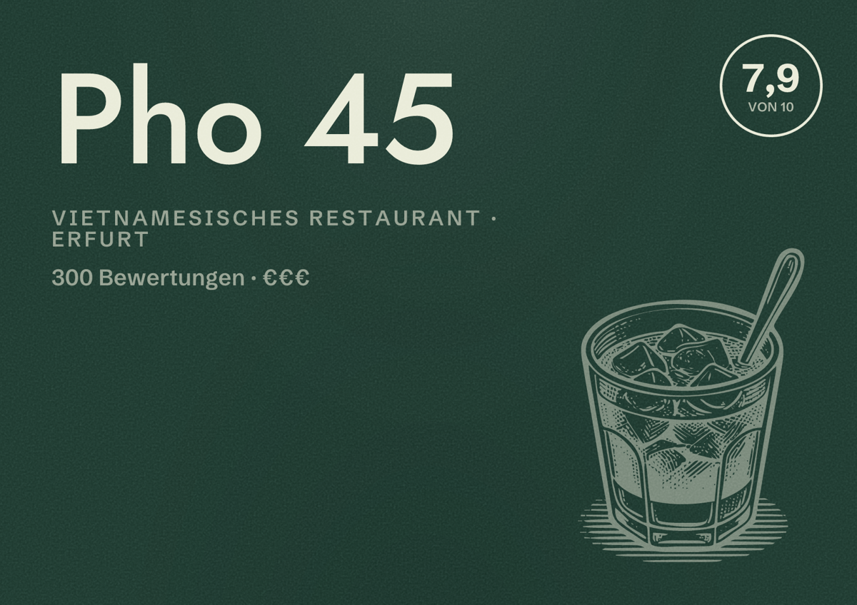 Illustriertes Poster von Pho 45, Vietnamesisches Restaurant in Erfurt: Bewertung 7,9 von 10 aus 300 Bewertungen, Preisniveau €€€