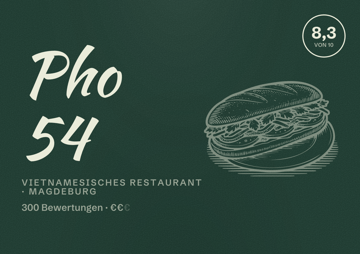 Illustriertes Poster von Pho 54, Vietnamesisches Restaurant in Magdeburg: Bewertung 8,3 von 10 aus 300 Bewertungen, Preisniveau €€