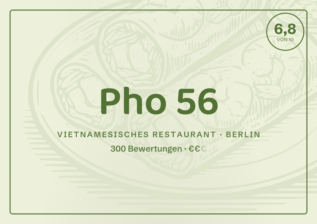 Illustriertes Poster von Pho 56, Vietnamesisches Restaurant in Berlin: Bewertung 6,8 von 10 aus 300 Bewertungen, Preisniveau €€
