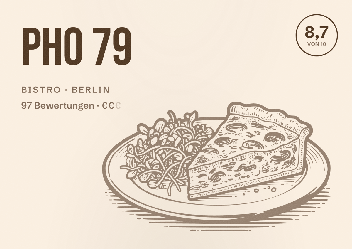 Illustriertes Poster von Pho 79, Bistro in Berlin: Bewertung 8,7 von 10 aus 97 Bewertungen, Preisniveau €€