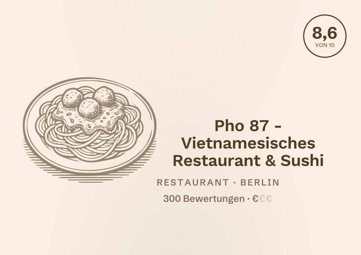 Illustriertes Poster von Pho 87 - Vietnamesisches Restaurant & Sushi, Restaurant in Berlin: Bewertung 8,6 von 10 aus 300 Bewertungen, Preisniveau €