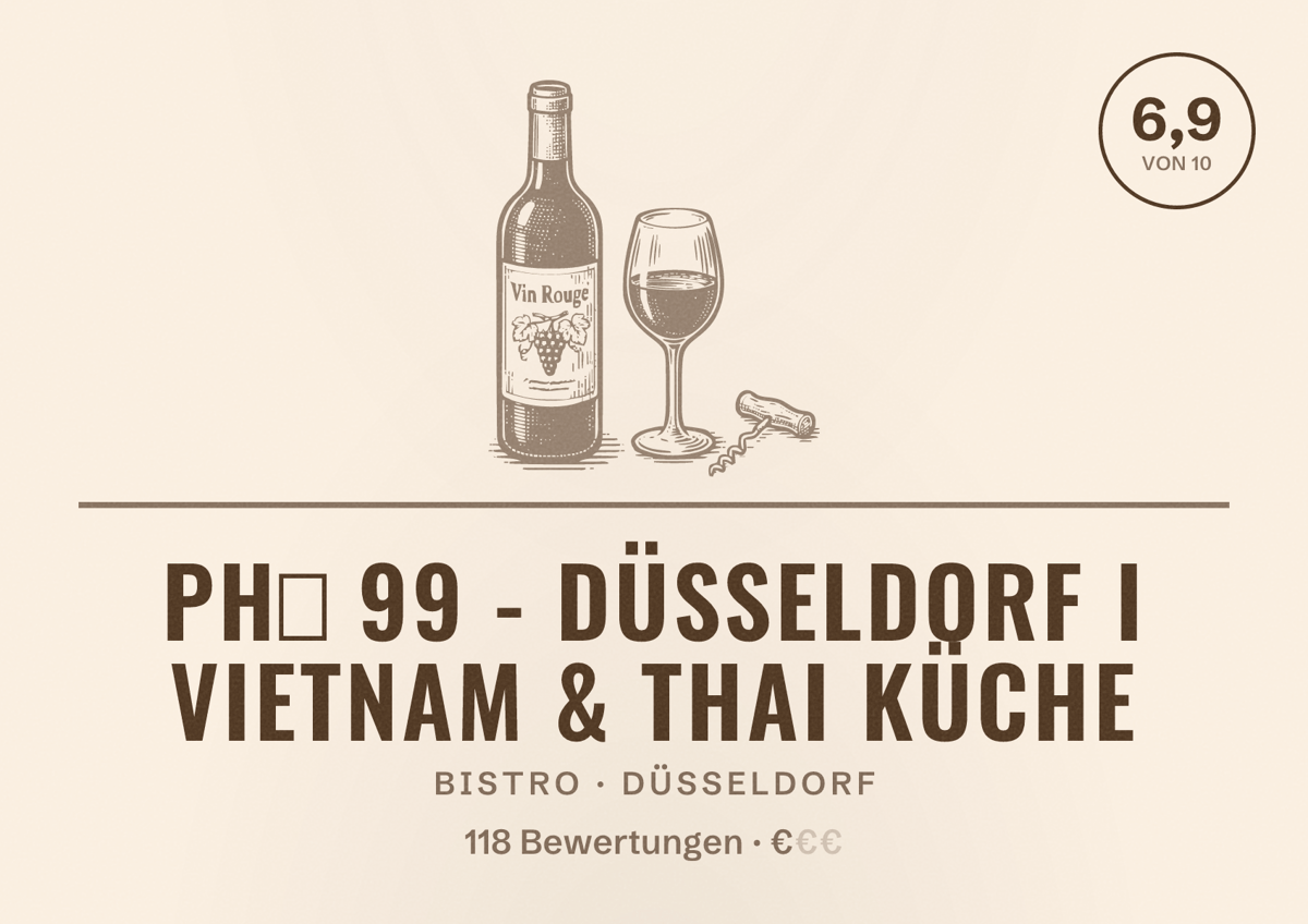 Illustriertes Poster von Phở 99 - Düsseldorf I Vietnam & Thai Küche, Bistro in Düsseldorf: Bewertung 6,9 von 10 aus 118 Bewertungen, Preisniveau €