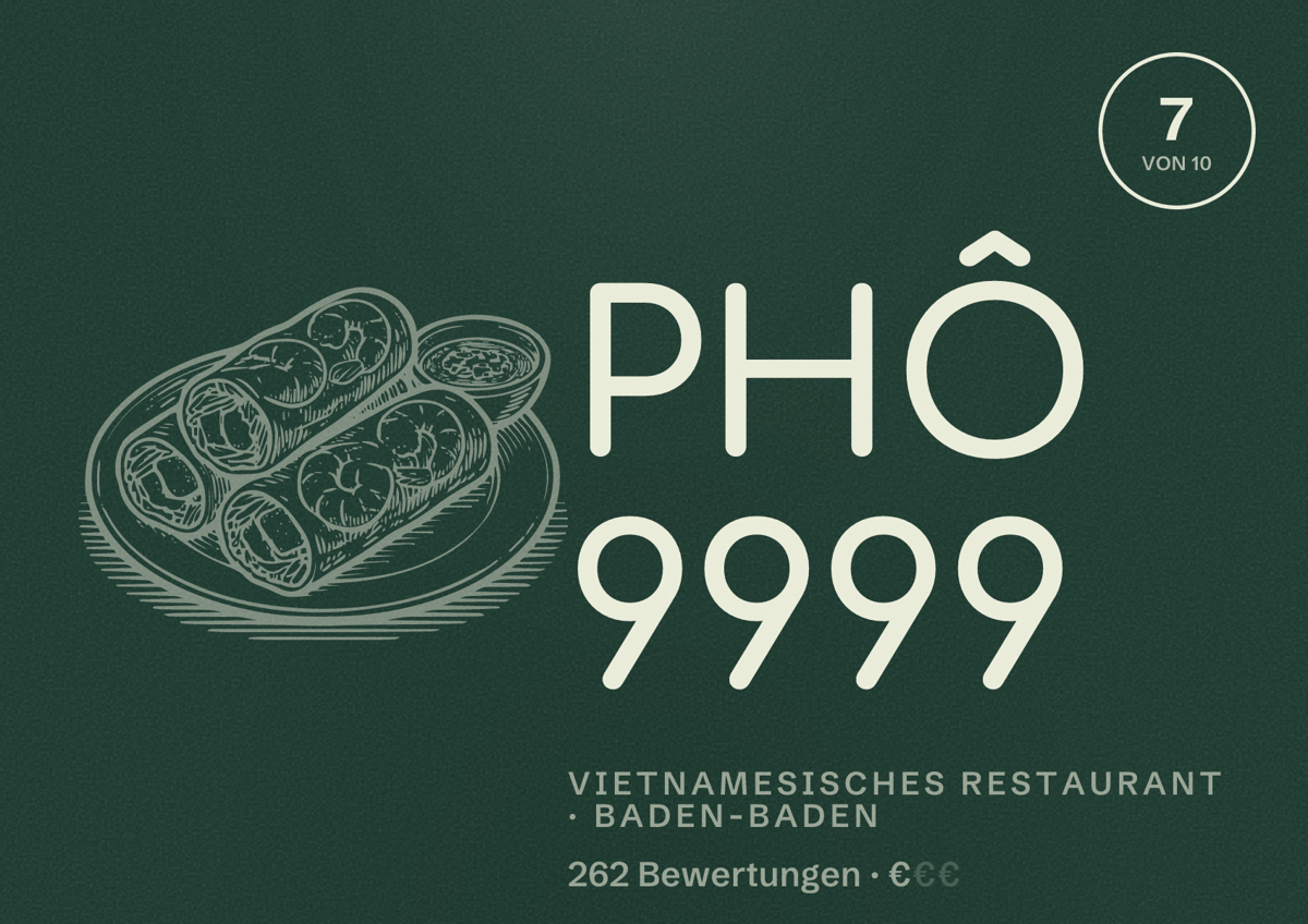 Illustriertes Poster von PHÔ 9999, Vietnamesisches Restaurant in Baden-Baden: Bewertung 7 von 10 aus 262 Bewertungen, Preisniveau €