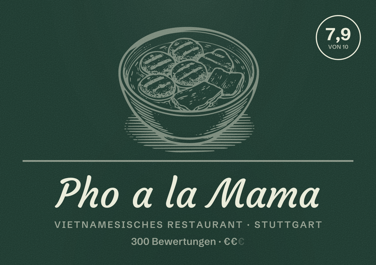 Illustriertes Poster von Pho a la Mama, Vietnamesisches Restaurant in Stuttgart: Bewertung 7,9 von 10 aus 300 Bewertungen, Preisniveau €€