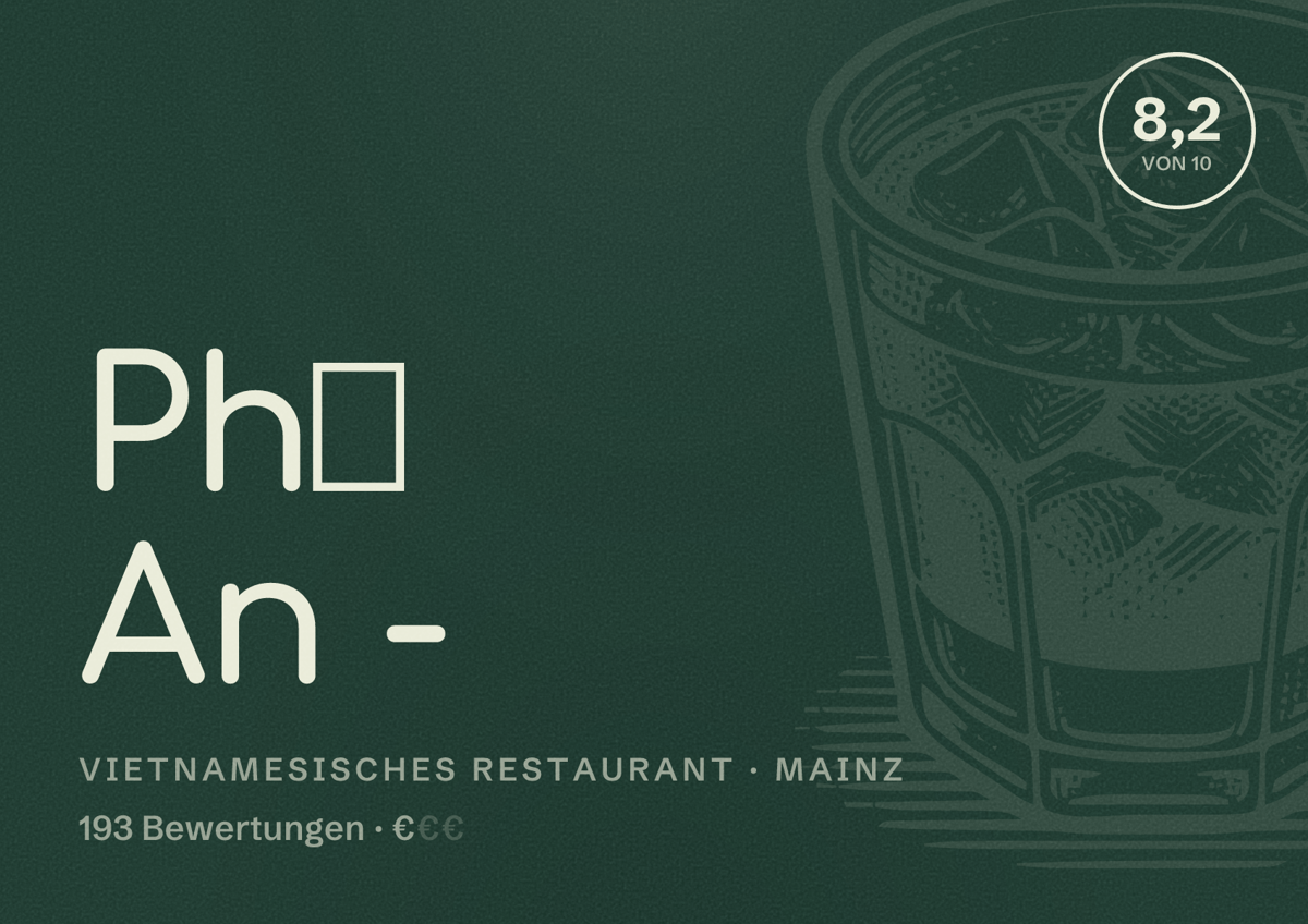 Illustriertes Poster von Phố An -, Vietnamesisches Restaurant in Mainz: Bewertung 8,2 von 10 aus 193 Bewertungen, Preisniveau €