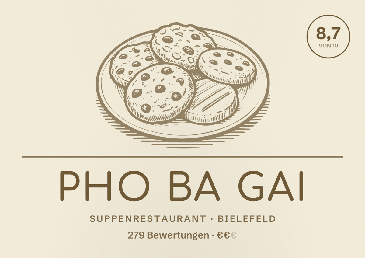 Illustriertes Poster von Pho Ba Gai, Suppenrestaurant in Bielefeld: Bewertung 8,7 von 10 aus 279 Bewertungen, Preisniveau €€