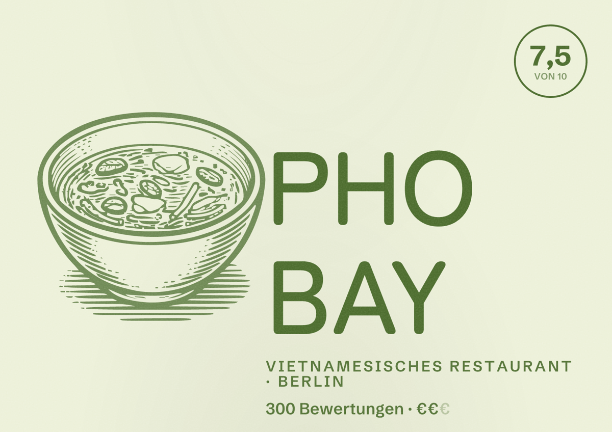 Illustriertes Poster von PHO BAY, Vietnamesisches Restaurant in Berlin: Bewertung 7,5 von 10 aus 300 Bewertungen, Preisniveau €€