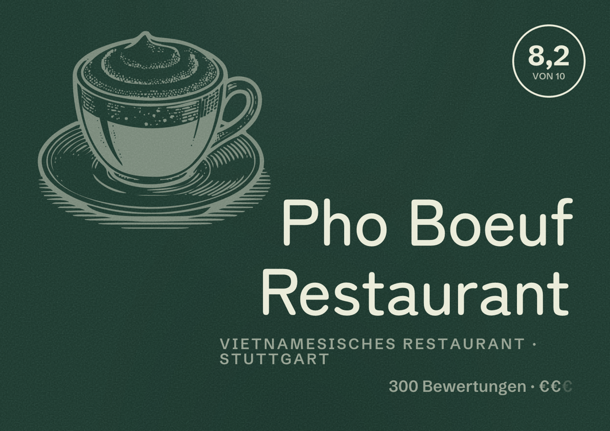 Illustriertes Poster von Pho Boeuf Restaurant, Vietnamesisches Restaurant in Stuttgart: Bewertung 8,2 von 10 aus 300 Bewertungen, Preisniveau €€