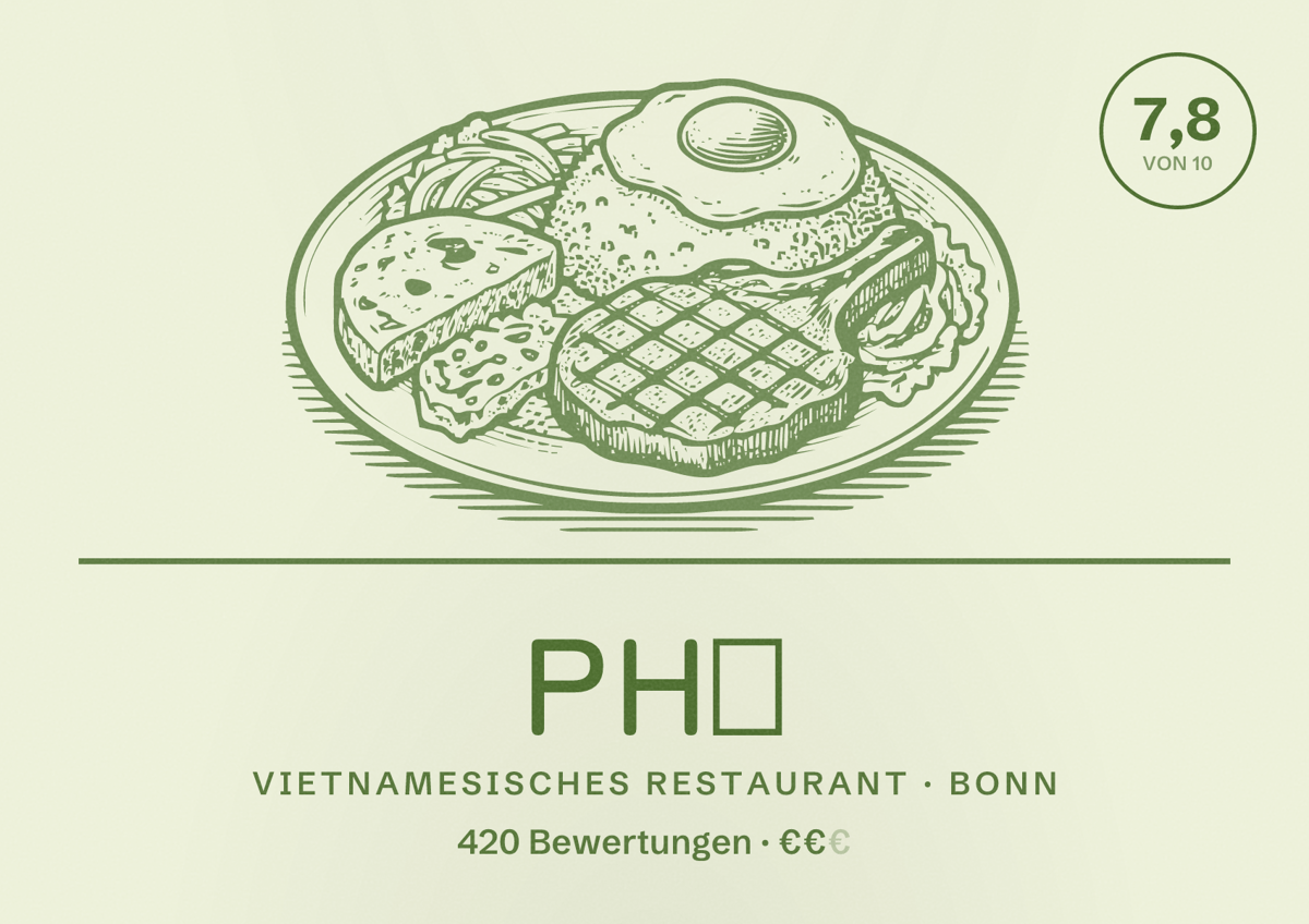 Illustriertes Poster von Phở, Vietnamesisches Restaurant in Bonn: Bewertung 7,8 von 10 aus 420 Bewertungen, Preisniveau €€