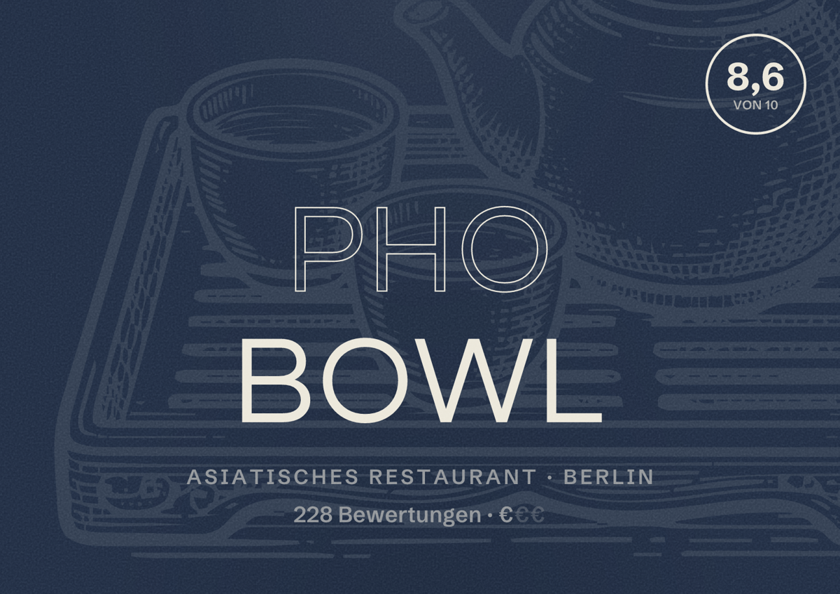 Illustriertes Poster von Pho Bowl, Asiatisches Restaurant in Berlin: Bewertung 8,6 von 10 aus 228 Bewertungen, Preisniveau €
