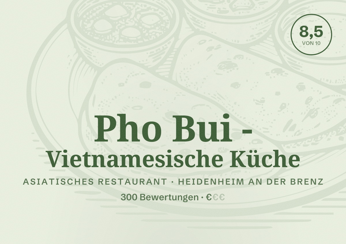 Illustriertes Poster von Pho Bui - Vietnamesische Küche, Asiatisches Restaurant in Heidenheim an der Brenz: Bewertung 8,5 von 10 aus 300 Bewertungen, Preisniveau €
