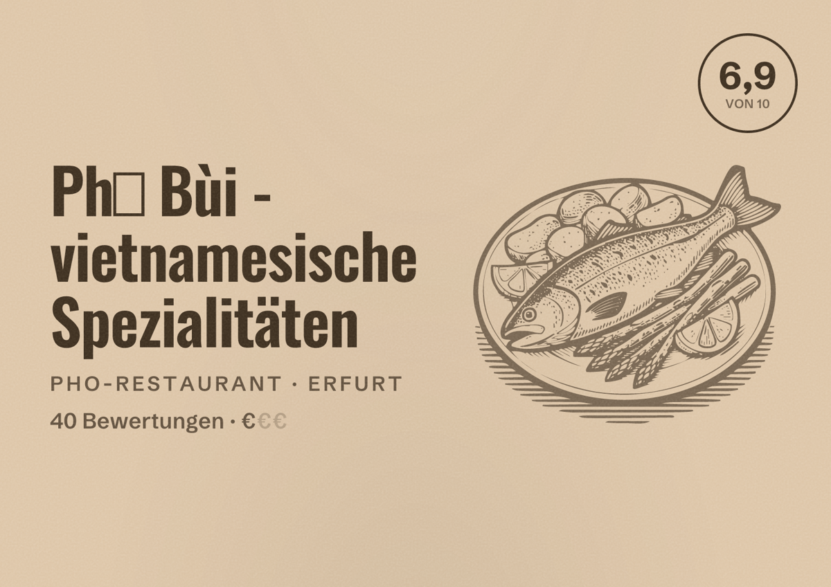 Illustriertes Poster von Phở Bùi - vietnamesische Spezialitäten, Pho-Restaurant in Erfurt: Bewertung 6,9 von 10 aus 40 Bewertungen, Preisniveau €