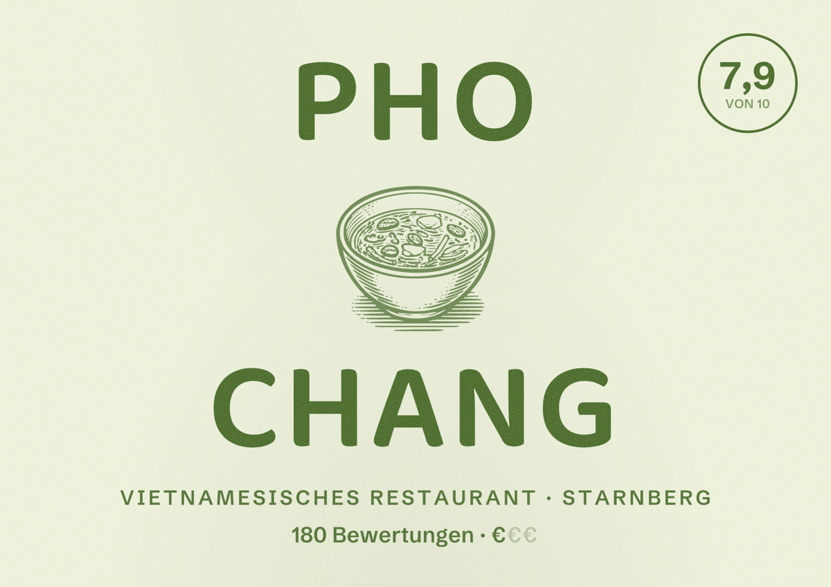 Illustriertes Poster von Pho Chang, Vietnamesisches Restaurant in Starnberg: Bewertung 7,9 von 10 aus 180 Bewertungen, Preisniveau €