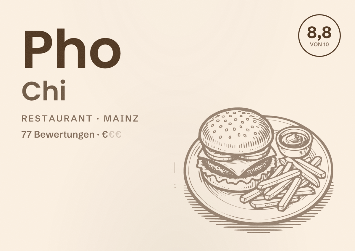 Illustriertes Poster von Pho Chi, Restaurant in Mainz: Bewertung 8,8 von 10 aus 77 Bewertungen, Preisniveau €