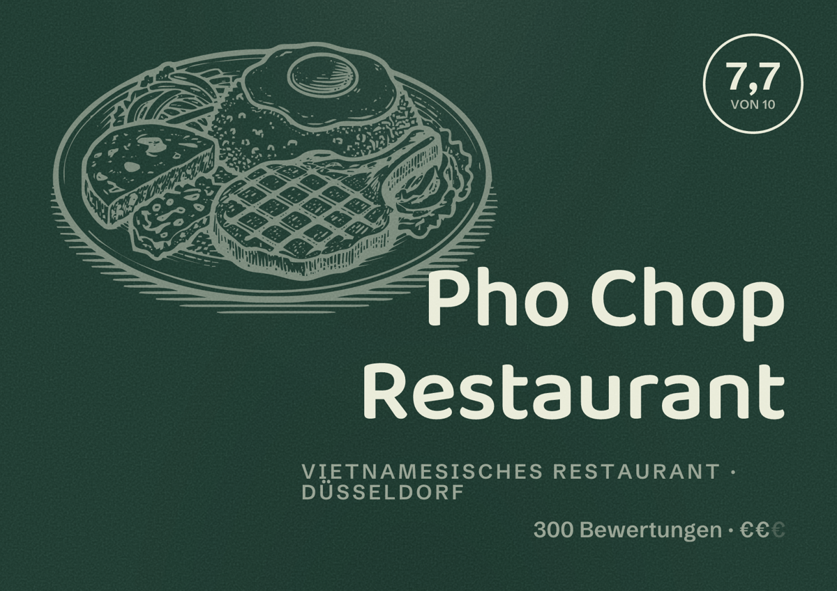 Illustriertes Poster von Pho Chop Restaurant, Vietnamesisches Restaurant in Düsseldorf: Bewertung 7,7 von 10 aus 300 Bewertungen, Preisniveau €€