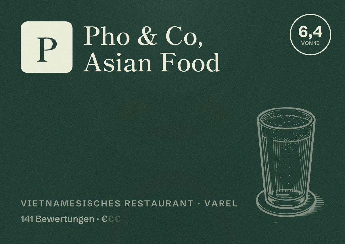 Illustriertes Poster von Pho & Co, Asian Food, Vietnamesisches Restaurant in Varel: Bewertung 6,4 von 10 aus 141 Bewertungen, Preisniveau €
