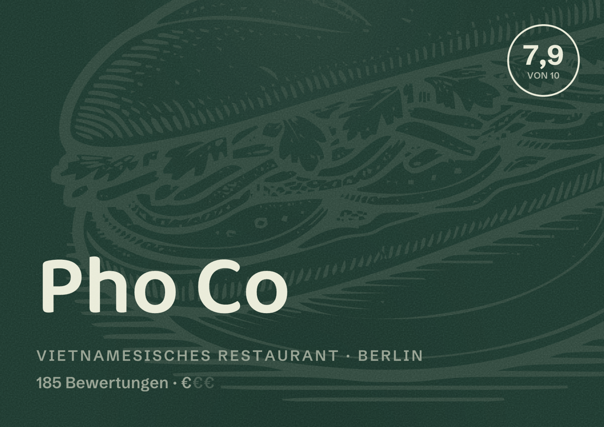Illustriertes Poster von Pho Co, Vietnamesisches Restaurant in Berlin: Bewertung 7,9 von 10 aus 185 Bewertungen, Preisniveau €