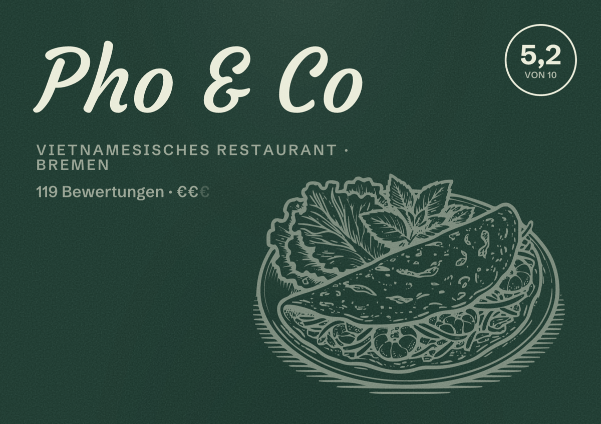 Illustriertes Poster von Pho & Co, Vietnamesisches Restaurant in Bremen: Bewertung 5,2 von 10 aus 119 Bewertungen, Preisniveau €€