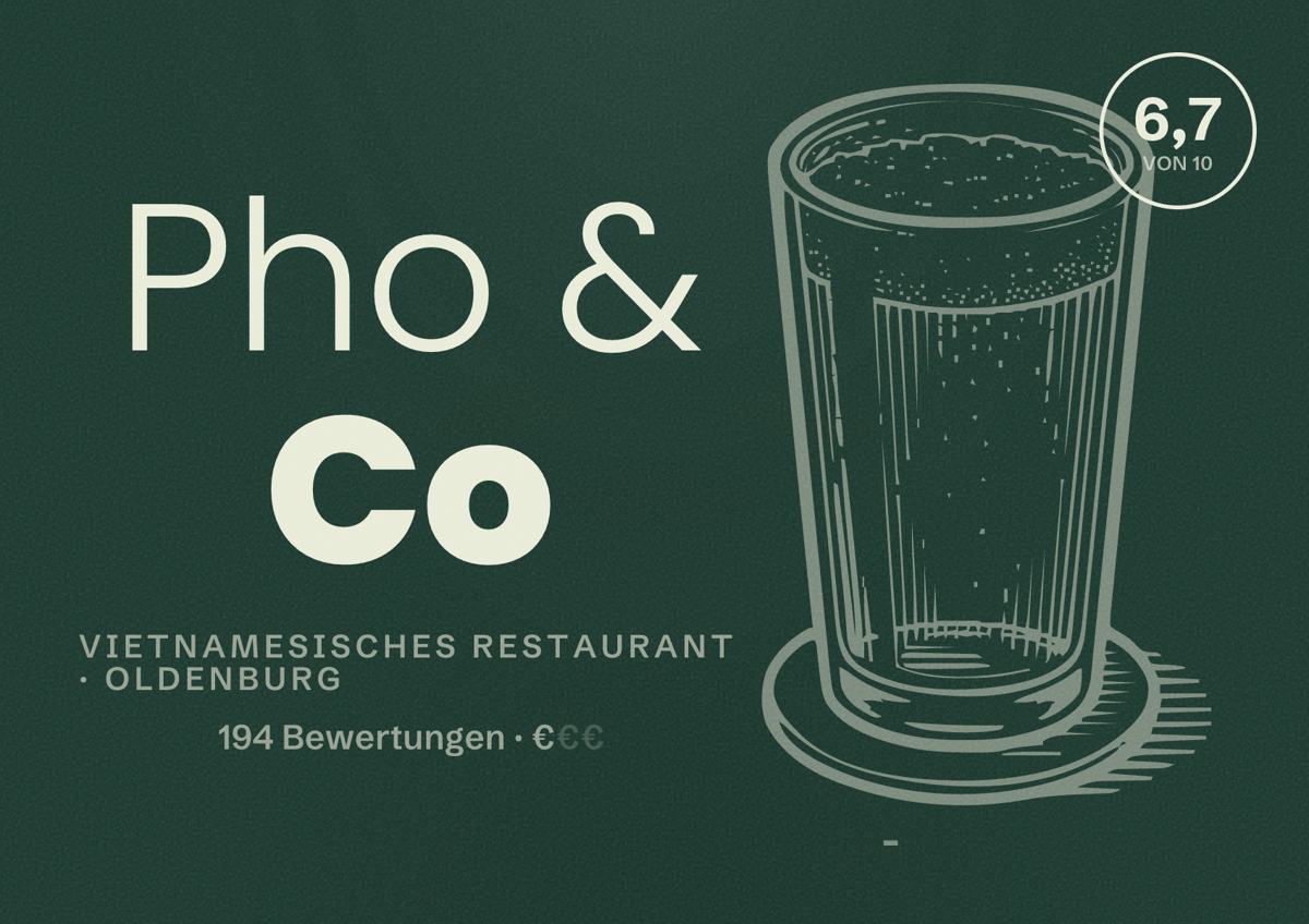 Illustriertes Poster von Pho & Co, Vietnamesisches Restaurant in Oldenburg: Bewertung 6,7 von 10 aus 194 Bewertungen, Preisniveau €