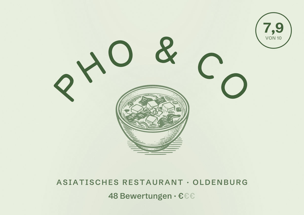 Illustriertes Poster von Pho & Co, Asiatisches Restaurant in Oldenburg: Bewertung 7,9 von 10 aus 48 Bewertungen, Preisniveau €