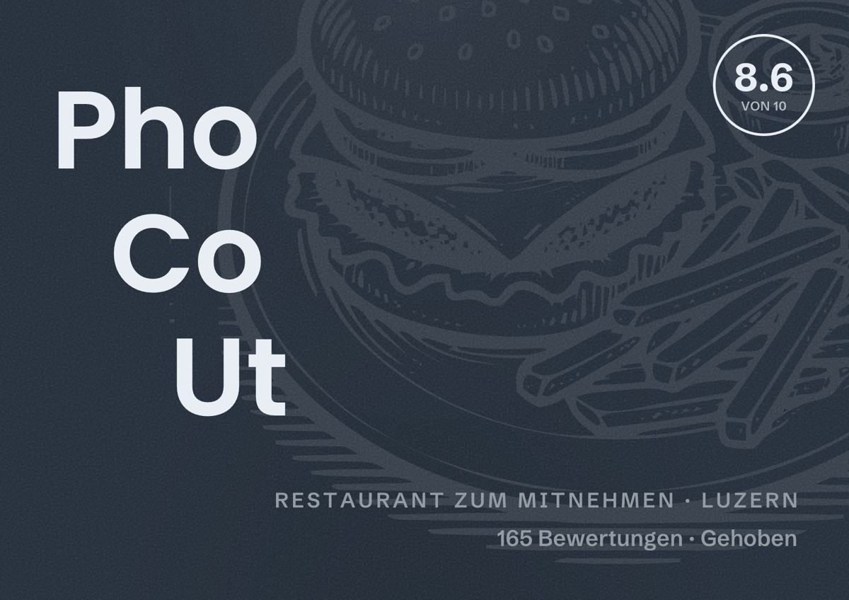 Illustriertes Poster von Pho Co Ut, Restaurant zum Mitnehmen in Luzern: Bewertung 8.6 von 10 aus 165 Bewertungen, Preisniveau Gehoben