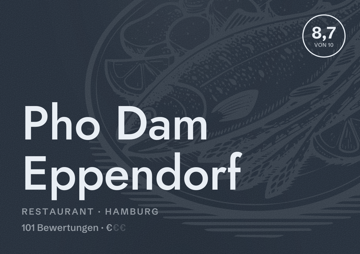 Illustriertes Poster von Pho Dam Eppendorf, Restaurant in Hamburg: Bewertung 8,7 von 10 aus 101 Bewertungen, Preisniveau €