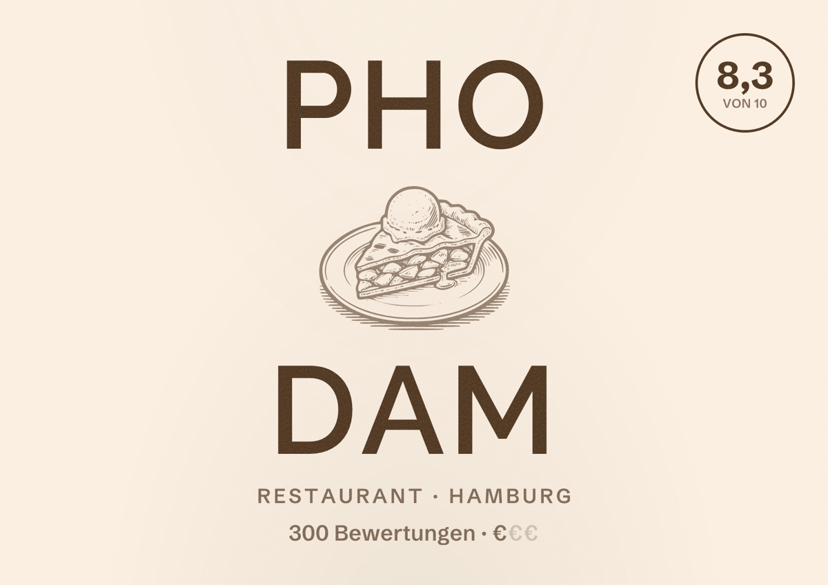 Illustriertes Poster von Pho Dam, Restaurant in Hamburg: Bewertung 8,3 von 10 aus 300 Bewertungen, Preisniveau €