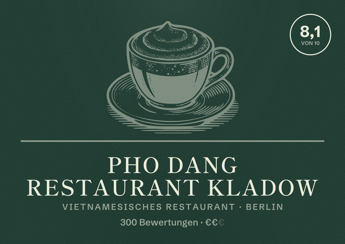 Illustriertes Poster von Pho Dang Restaurant Kladow, Vietnamesisches Restaurant in Berlin: Bewertung 8,1 von 10 aus 300 Bewertungen, Preisniveau €€
