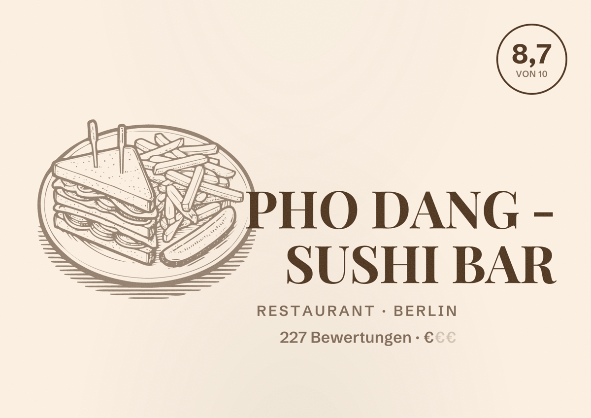 Illustriertes Poster von PHO DANG - SUSHI BAR, Restaurant in Berlin: Bewertung 8,7 von 10 aus 227 Bewertungen, Preisniveau €