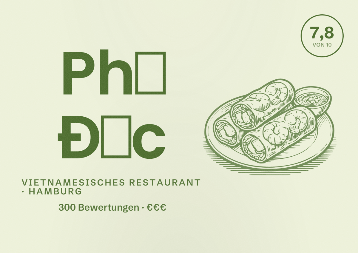Illustriertes Poster von Phở Đức, Vietnamesisches Restaurant in Hamburg: Bewertung 7,8 von 10 aus 300 Bewertungen, Preisniveau €€€