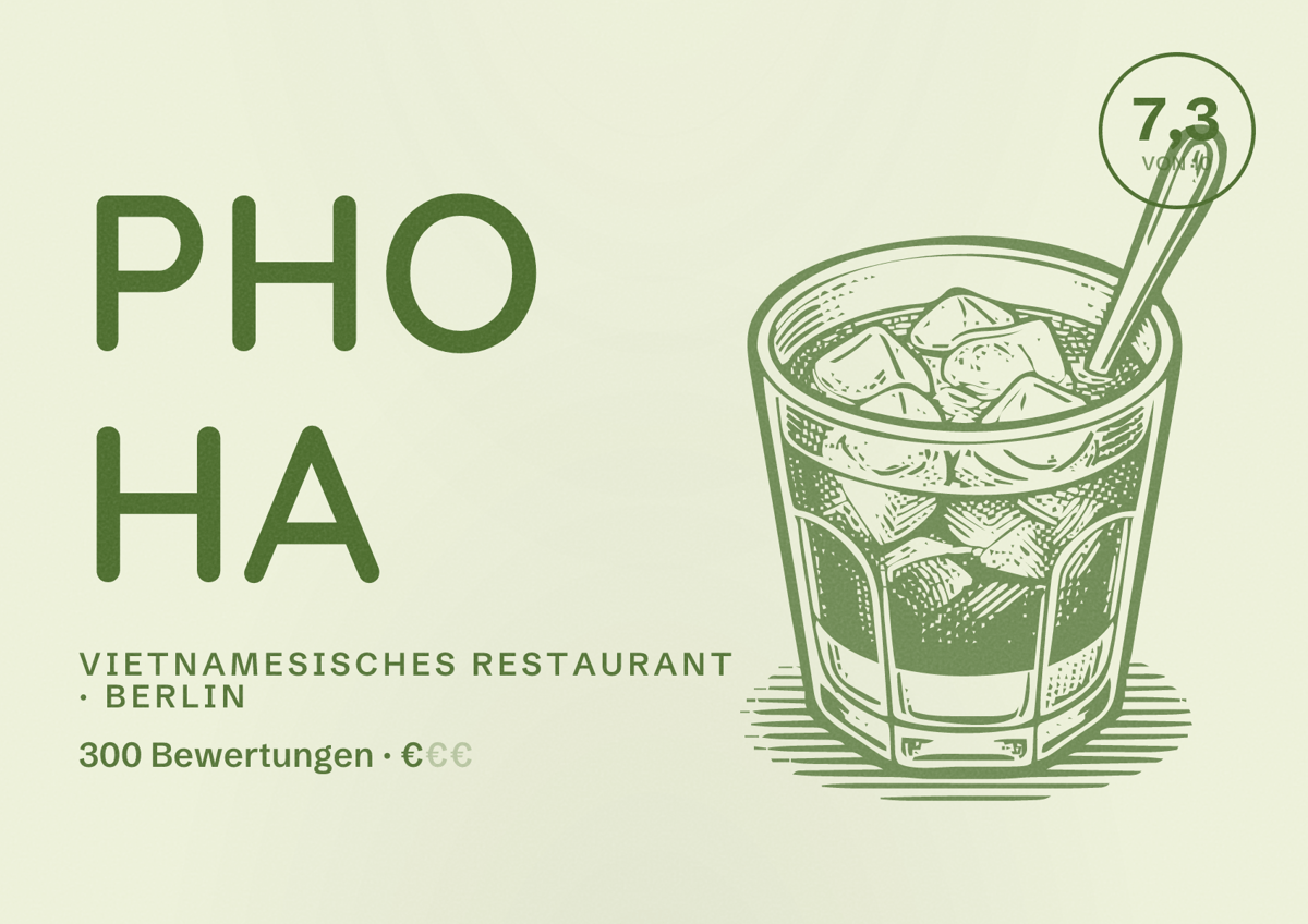 Illustriertes Poster von Pho Ha, Vietnamesisches Restaurant in Berlin: Bewertung 7,3 von 10 aus 300 Bewertungen, Preisniveau €