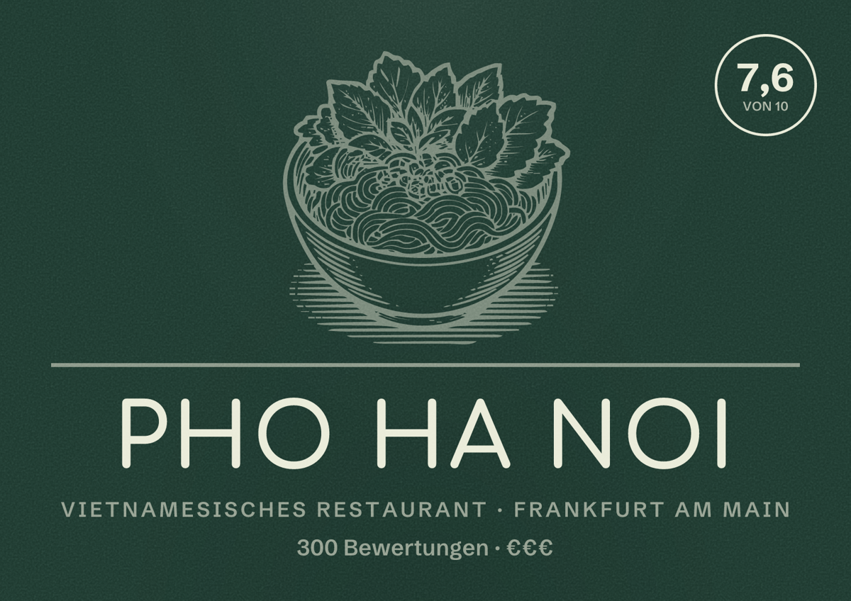 Illustriertes Poster von Pho Ha Noi, Vietnamesisches Restaurant in Frankfurt am Main: Bewertung 7,6 von 10 aus 300 Bewertungen, Preisniveau €€€