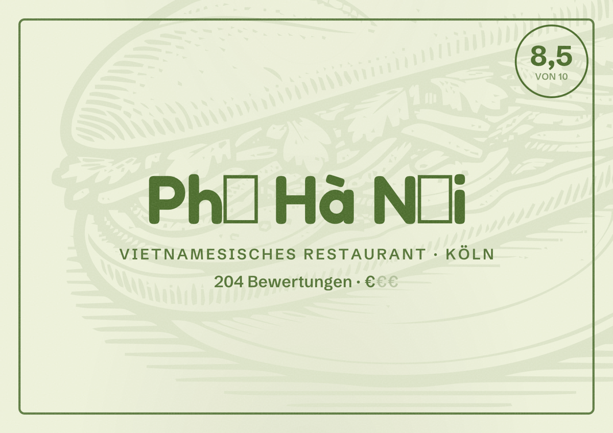 Illustriertes Poster von Phở Hà Nội, Vietnamesisches Restaurant in Köln: Bewertung 8,5 von 10 aus 204 Bewertungen, Preisniveau €