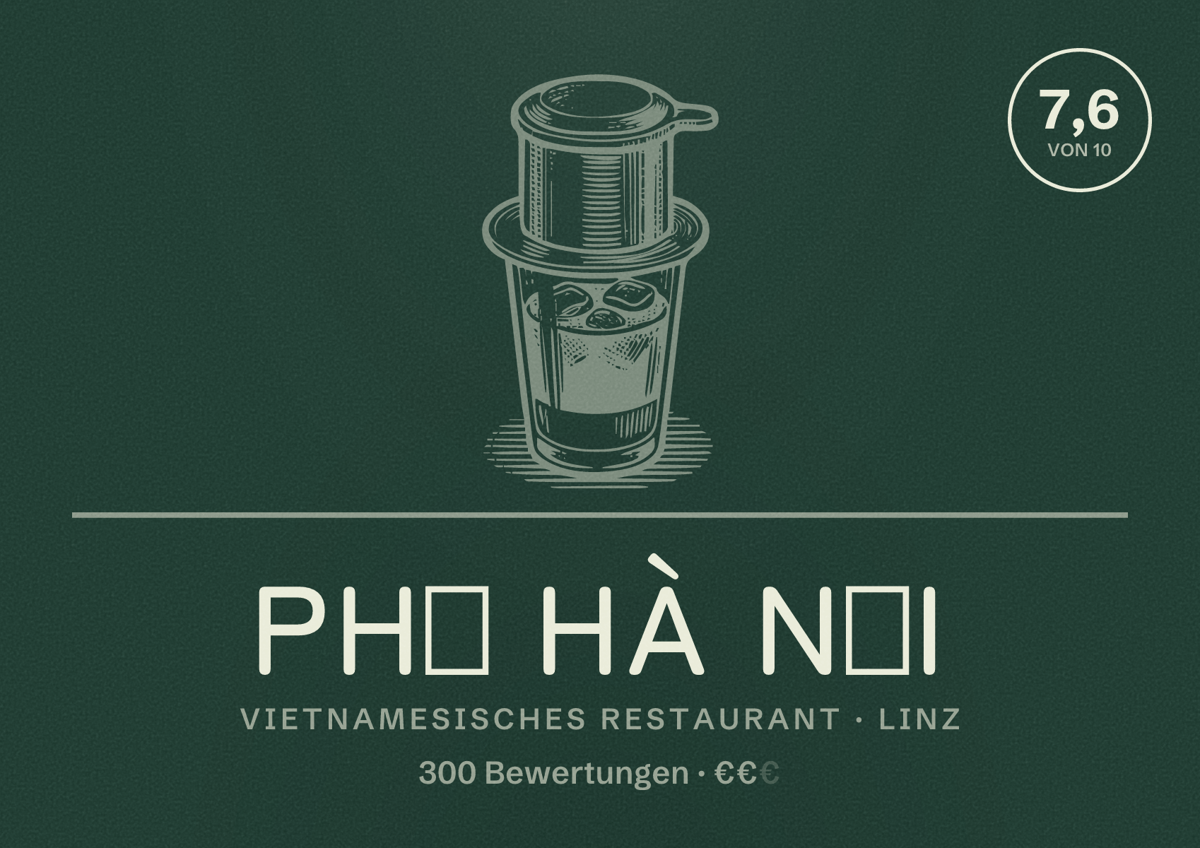 Illustriertes Poster von Phở Hà Nội, Vietnamesisches Restaurant in Linz: Bewertung 7,6 von 10 aus 300 Bewertungen, Preisniveau €€