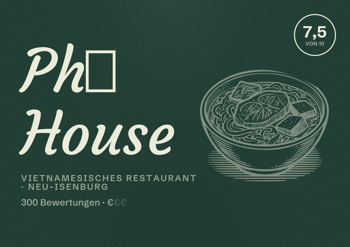 Illustriertes Poster von Phở House, Vietnamesisches Restaurant in Neu-Isenburg: Bewertung 7,5 von 10 aus 300 Bewertungen, Preisniveau €