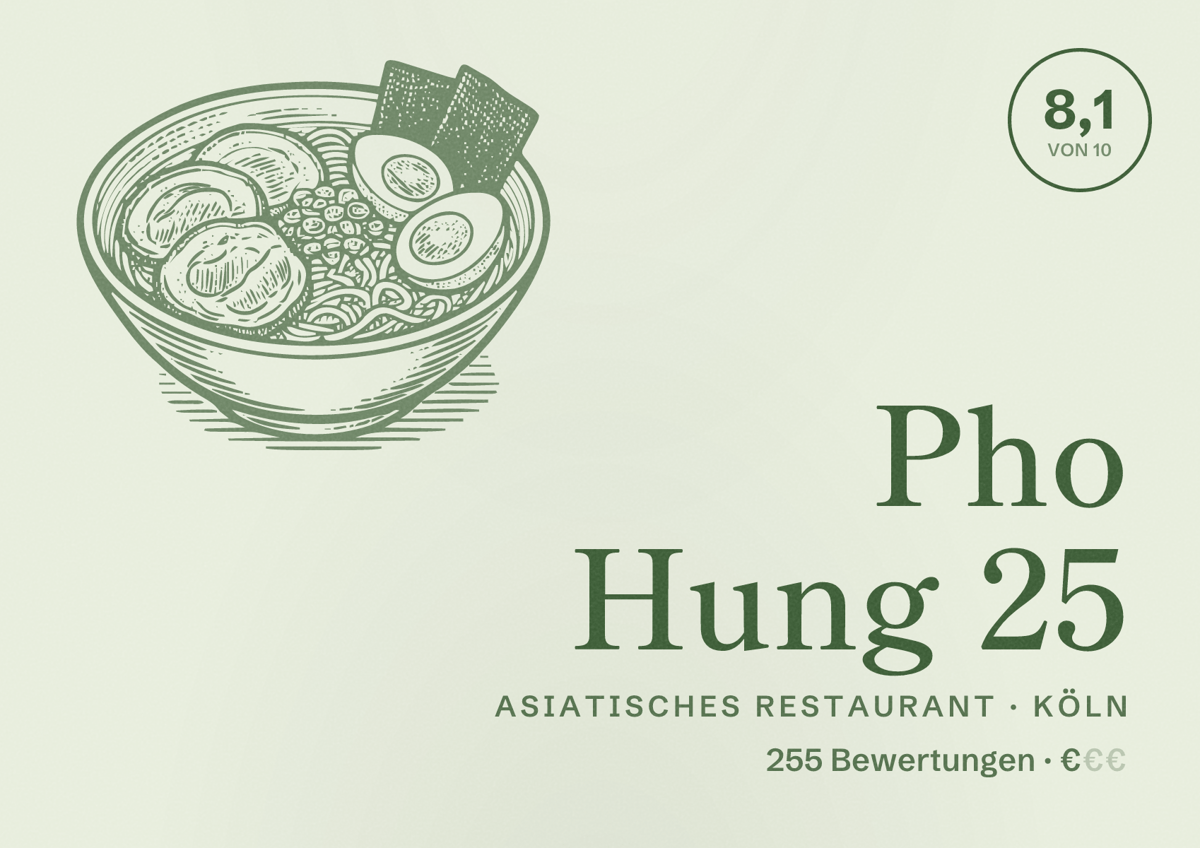 Illustriertes Poster von Pho Hung 25, Asiatisches Restaurant in Köln: Bewertung 8,1 von 10 aus 255 Bewertungen, Preisniveau €