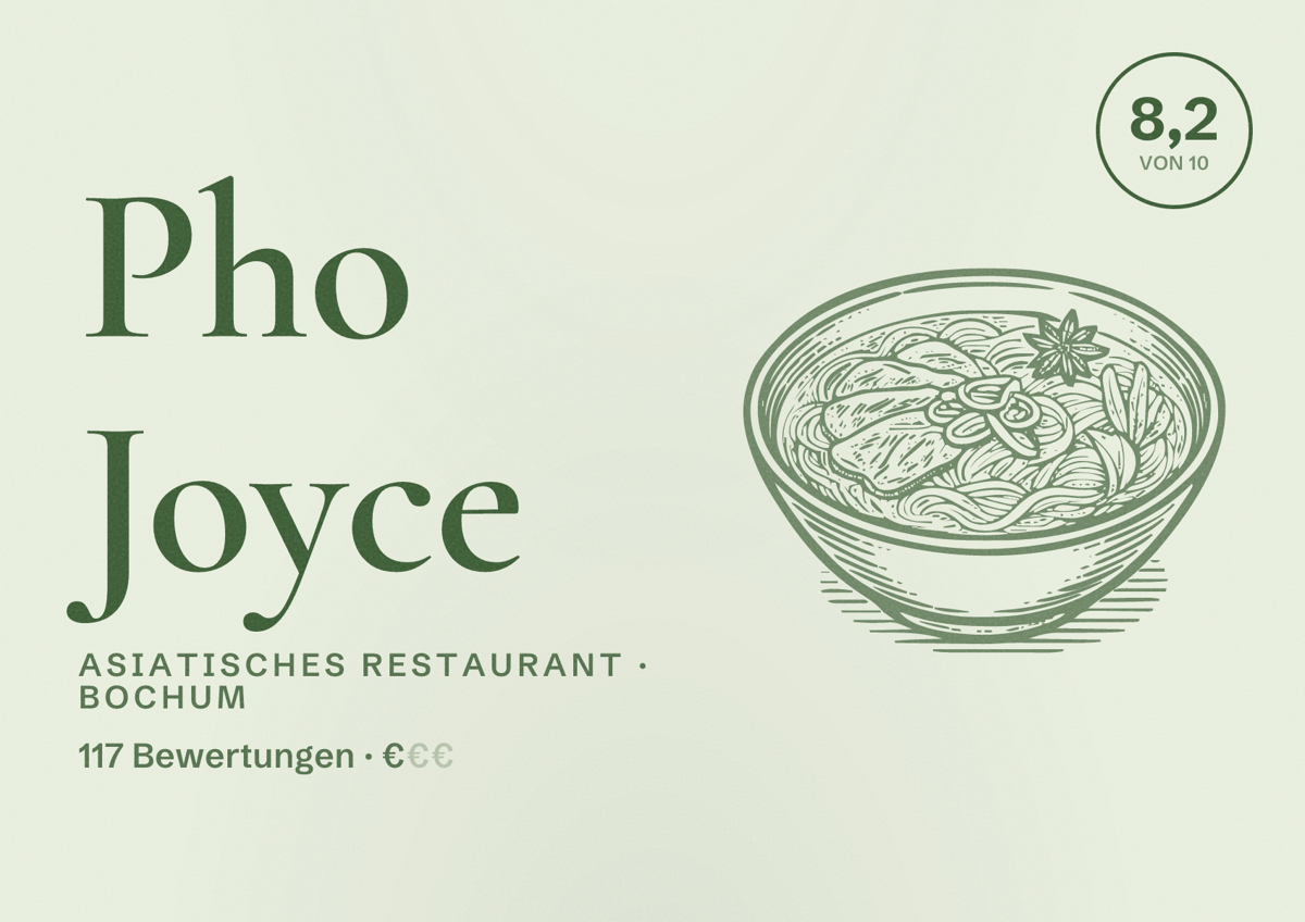 Illustriertes Poster von Pho Joyce, Asiatisches Restaurant in Bochum: Bewertung 8,2 von 10 aus 117 Bewertungen, Preisniveau €