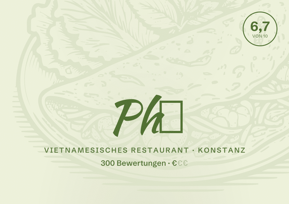 Illustriertes Poster von Phở, Vietnamesisches Restaurant in Konstanz: Bewertung 6,7 von 10 aus 300 Bewertungen, Preisniveau €
