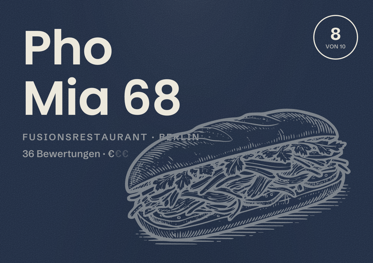 Illustriertes Poster von Pho Mia 68, Fusionsrestaurant in Berlin: Bewertung 8,0 von 10 aus 36 Bewertungen, Preisniveau €