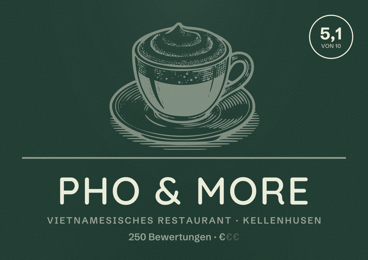 Illustriertes Poster von Pho & More, Vietnamesisches Restaurant in Kellenhusen: Bewertung 5,1 von 10 aus 250 Bewertungen, Preisniveau €