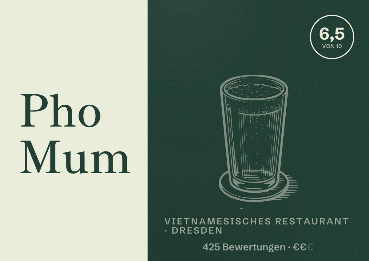 Illustriertes Poster von Pho Mum, Vietnamesisches Restaurant in Dresden: Bewertung 6,5 von 10 aus 425 Bewertungen, Preisniveau €€