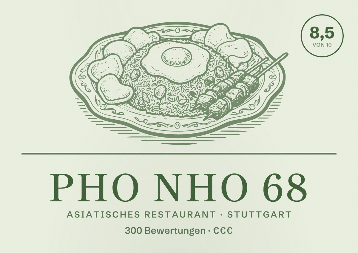 Illustriertes Poster von Pho Nho 68, Asiatisches Restaurant in Stuttgart: Bewertung 8,5 von 10 aus 300 Bewertungen, Preisniveau €€€