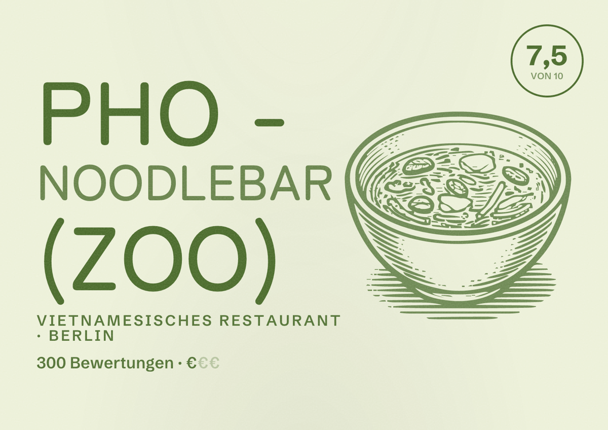 Illustriertes Poster von PHO - Noodlebar (Zoo), Vietnamesisches Restaurant in Berlin: Bewertung 7,5 von 10 aus 300 Bewertungen, Preisniveau €