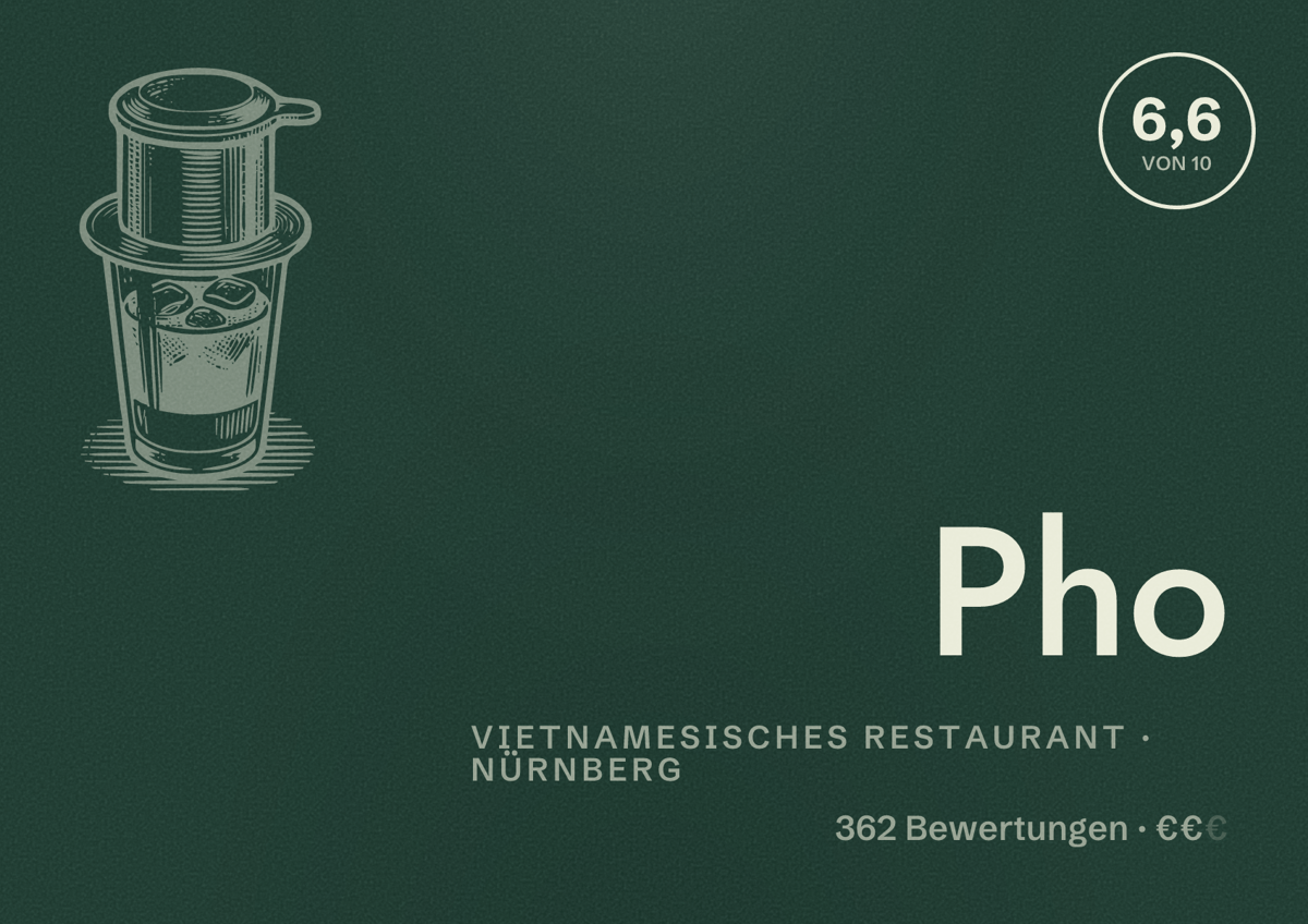 Illustriertes Poster von Pho, Vietnamesisches Restaurant in Nürnberg: Bewertung 6,6 von 10 aus 362 Bewertungen, Preisniveau €€
